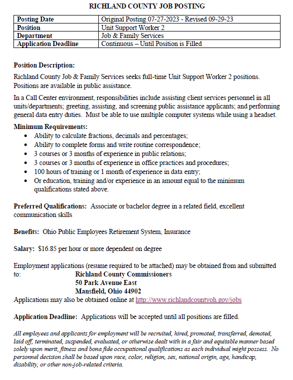 Job Openings Richland County Job & Family Services